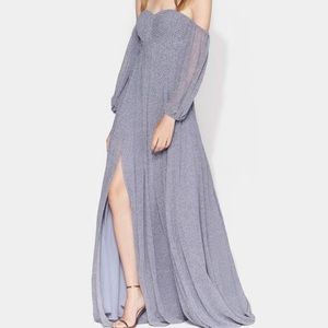 Halston printed pleated off the shoulder gown.